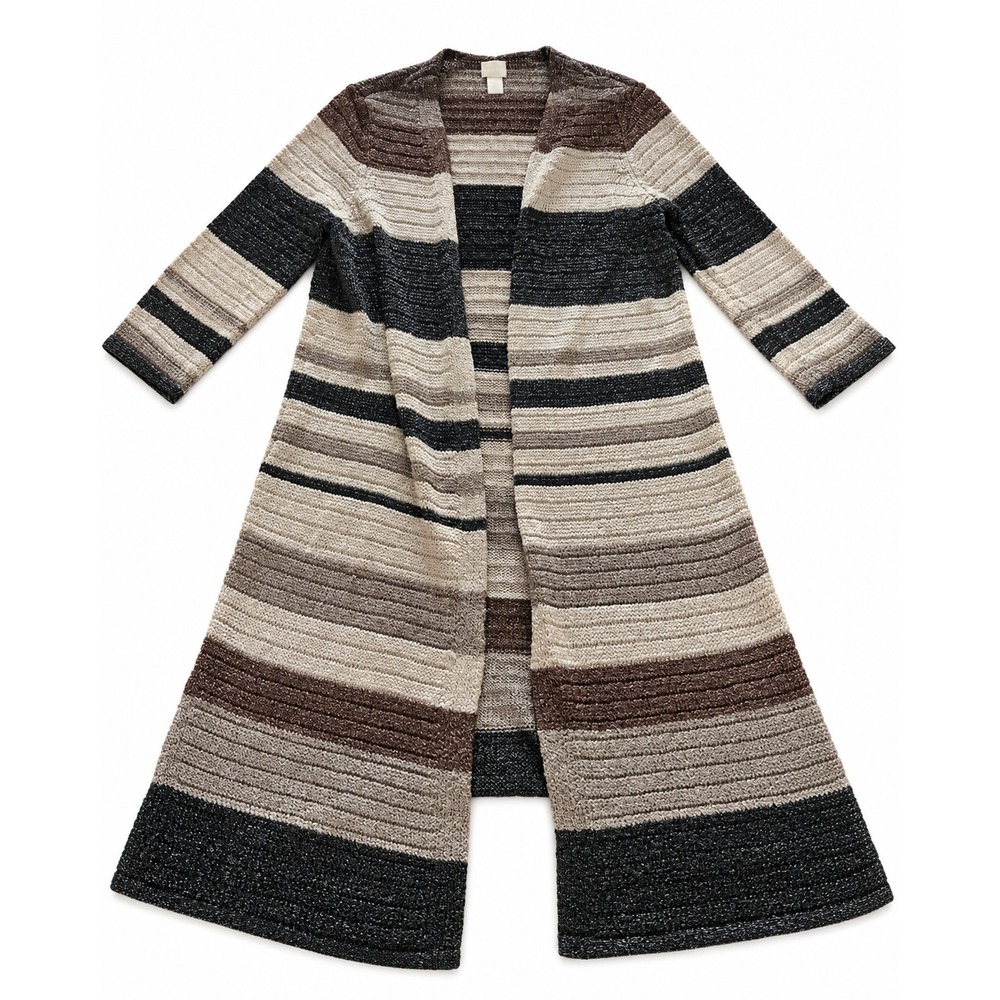 Chicos Metallic Striped Longline Cardigan Black Cream Brown Open Front Size 2 - Picture 3 of 7